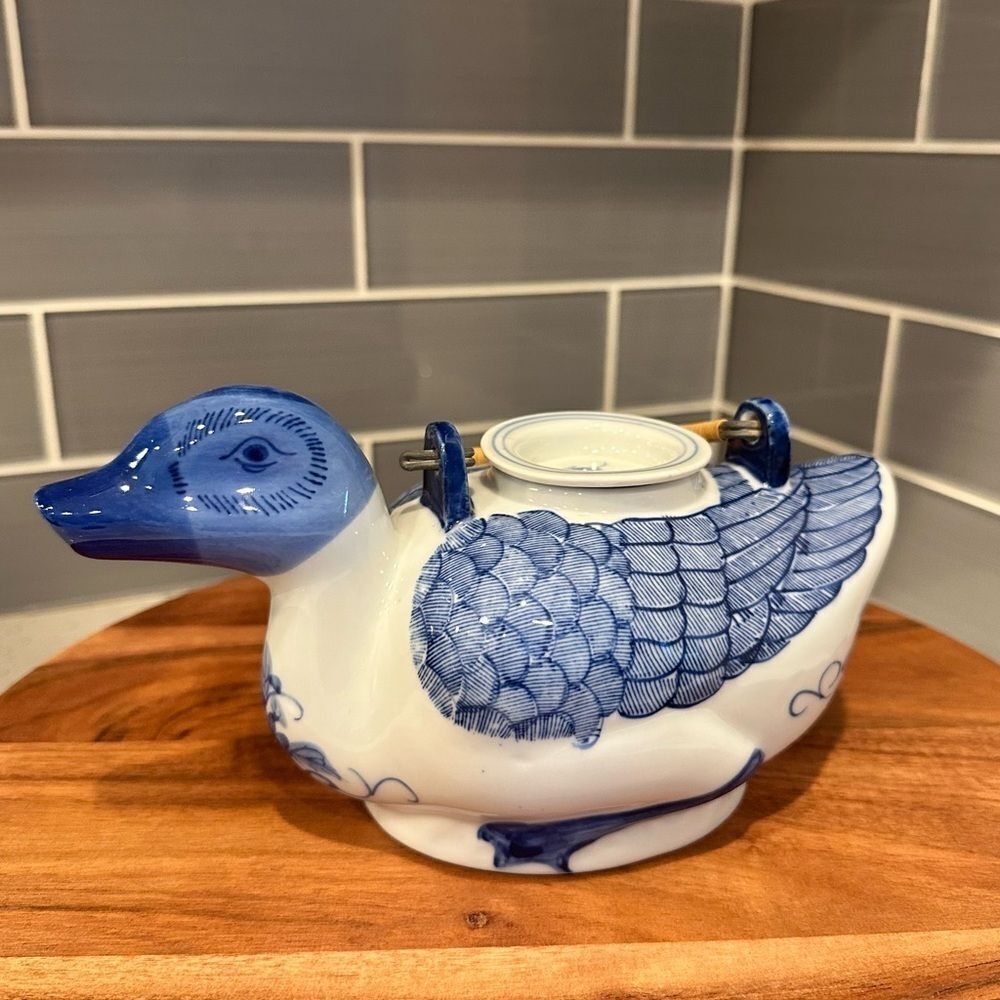 Vintage Blue and White Porcelain Handpainted Duck Teapot